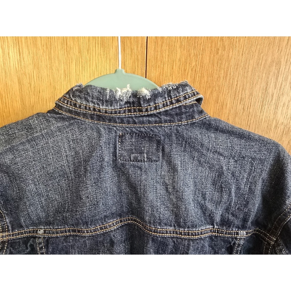 American Eagle Jacket Womens Medium Denim Distressed Dark Blue Trucker Jean LS - Picture 5 of 5